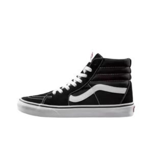 Black and white high-top classic Vans shoes.