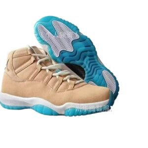 Jordan 11 High-Top Light Brown and Blue Athletic Shoes
