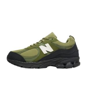 Retro-style olive-colored New Balance sports shoes