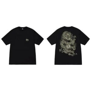 Stussy Dragon Pattern Trendy Black T-shirt