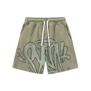 SynaWorld graffiti-style military green shorts