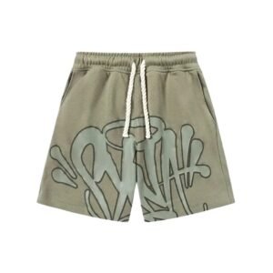 SynaWorld graffiti-style military green shorts