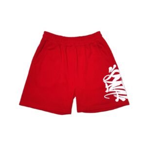 SynaWorld graffiti-style red shorts