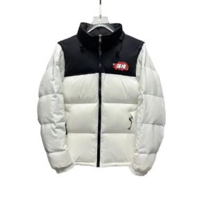 The North Face black-and-white color-blocked down jacket