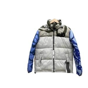 The North Face camouflage-style grey down jacket