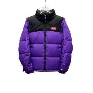 The North Face purple and black spliced down jacket
