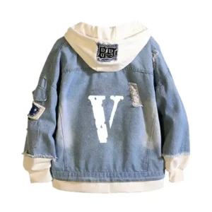 Vlone denim jacket with a holey style.