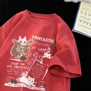 China Selected red T-shirts with cat prints.