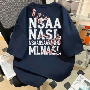 China Selected dark blue short-sleeved shirt with cherry blossom embroidery