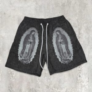 China Selected black shorts with Virgin Mary pattern