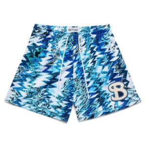 Blue and white shorts with BKTSQD geometric pattern.