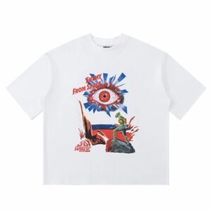 White T-shirt with House of Errors print in sci-fi style