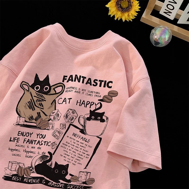 China Selected Cat Fun Style Pink T-shirt