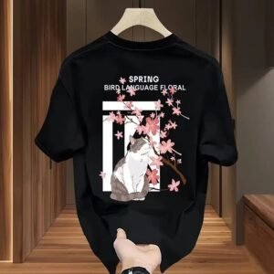 China Selected cherry blossom cat black T-shirt