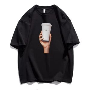 China Selected black short-sleeved shirt with coffee cup pattern.