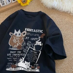 China Selected black short-sleeved shirt with cat print