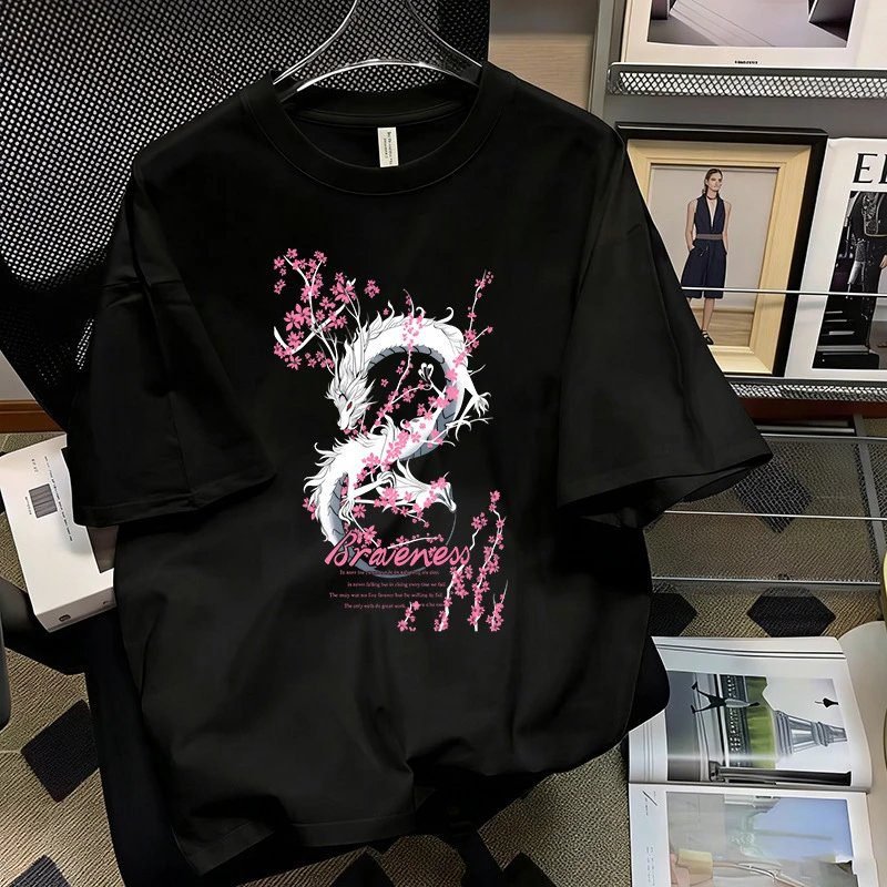 Other: Cherry Blossom and Dragon Pattern Chinese Style Black T-shirt
