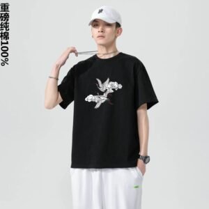 China Selected black T-shirt with crane and Chinese style