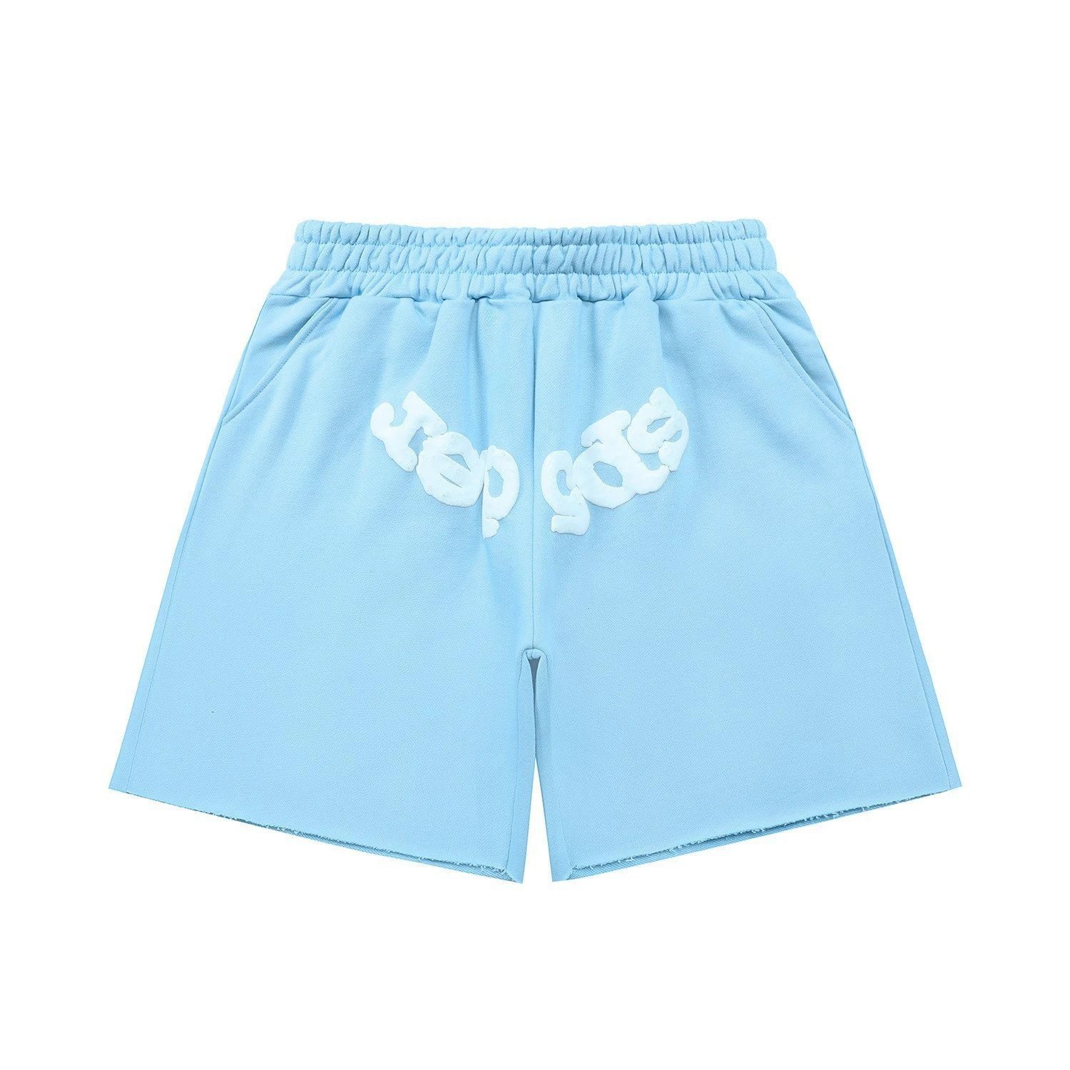 Sp5der letter-style light blue shorts