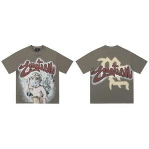 Mixed Emotion Angel Print Street Style Khaki T-shirt
