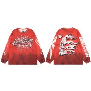 Hellstar Skull Flame Street Style Red Long Sleeve T-shirt