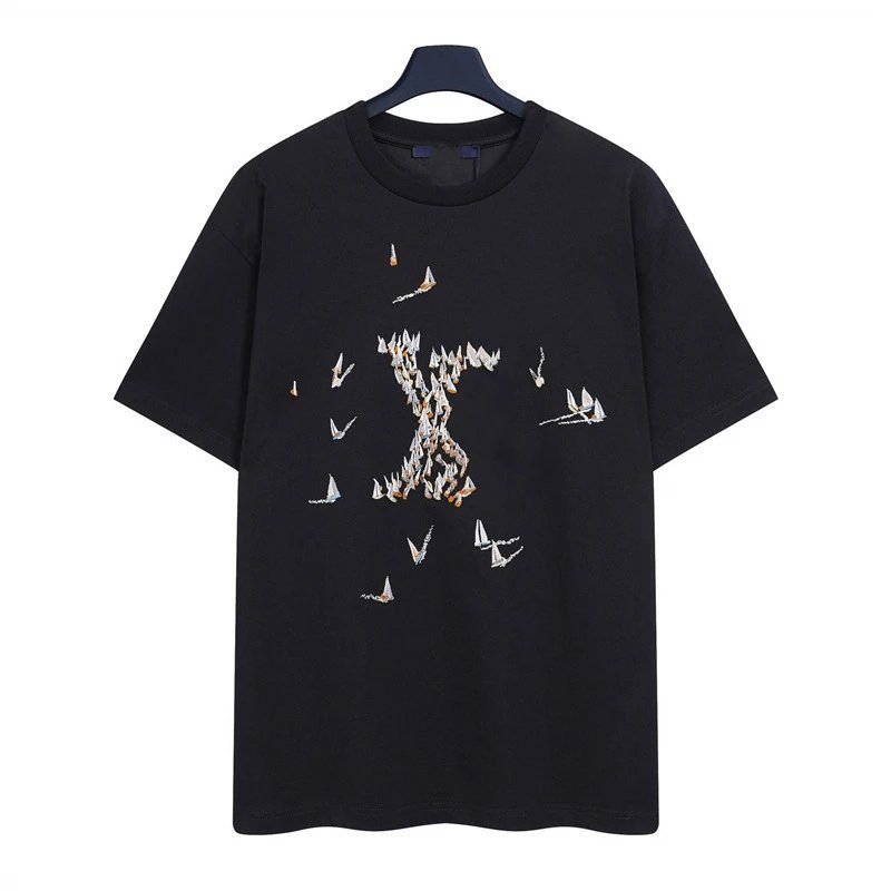 Louis Vuitton Sailboat Embroidered Trendy Black T-Shirt