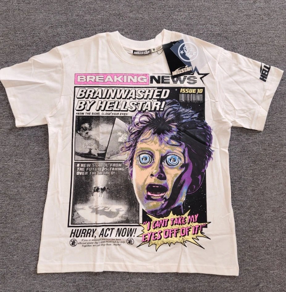 Hellstar Newspaper Print Street Style Off-white T-Shirt