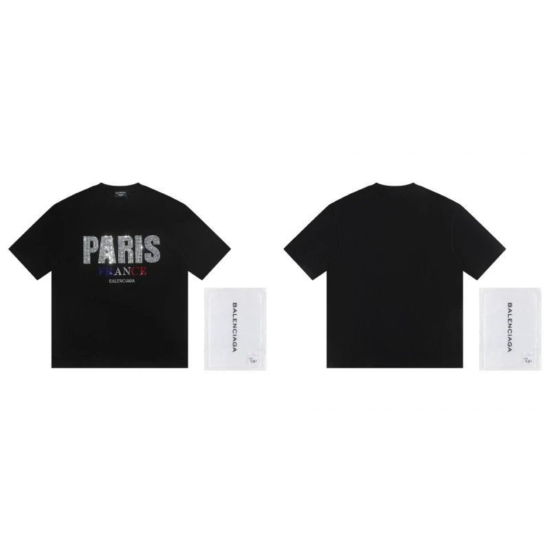 Balenciaga PARIS Rhinestone-Embellished Streetwear Black T-Shirt