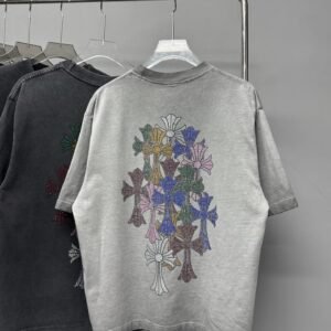 Chrome Hearts Cross Hot-Fix Rhinestone Street Style Light Grey T-Shirt