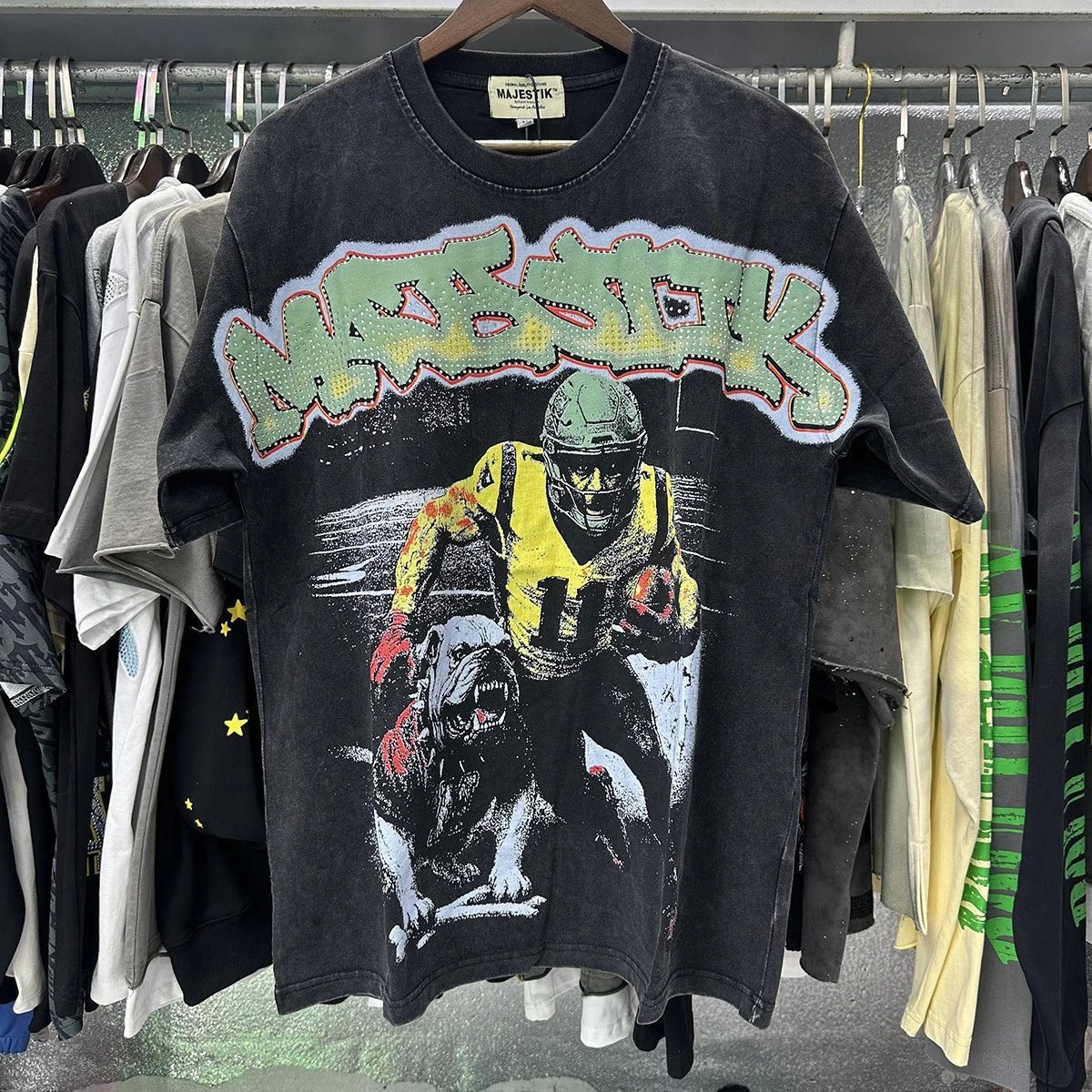 MAJESTIK Vintage Distressed Rugby Black T-Shirt