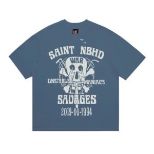 SAINT Skull Print Vintage Grey-Blue Short Sleeve T-Shirt