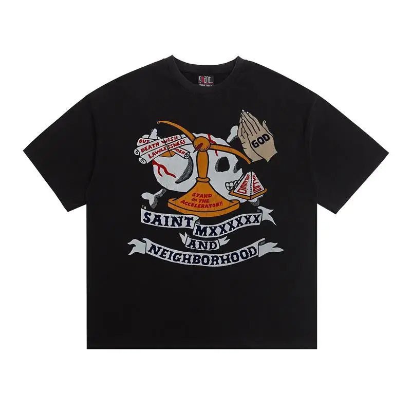 SAINT Skull Print Street Style Black T-Shirt