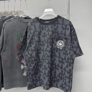Chrome Hearts All-over Cross Print High Street Style Black and Gray T-Shirt