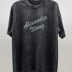 Alexander Wang Distressed Charcoal Gray Rhinestone-embellished Short Sleeve T-Shirt
