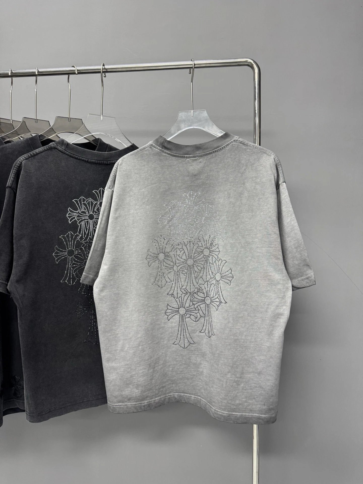 Chrome Hearts Cross Hot-stamped Rhinestone Street-style Grey Short-sleeve T-shirt