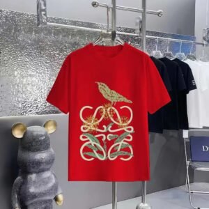LOEWE Bird and Flower Print Light Luxury Style Red Short-sleeve T-shirt