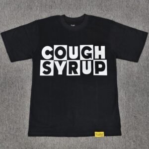 Black street-style short-sleeve T-shirt with COUGH SYRUP print