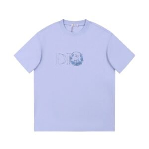 Dior Cat-Embroidered Casual Light Purple Short-sleeve T-Shirt