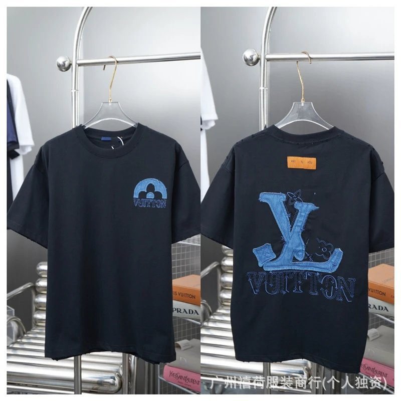 Louis Vuitton Street Style Black T-shirt with Denim Patches