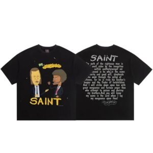 SAINT Cartoon Print American Style Black T-Shirt