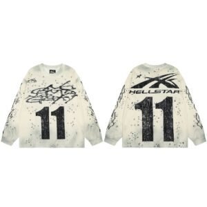 Hellstar No.11 Distressed Street Style Off-white Long Sleeve T-shirt