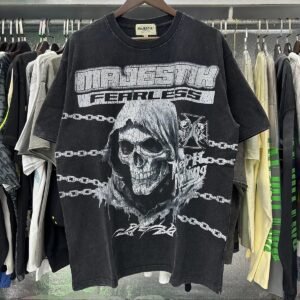 MAJESTIK Skull Print Dark Style Washed Black T-shirt