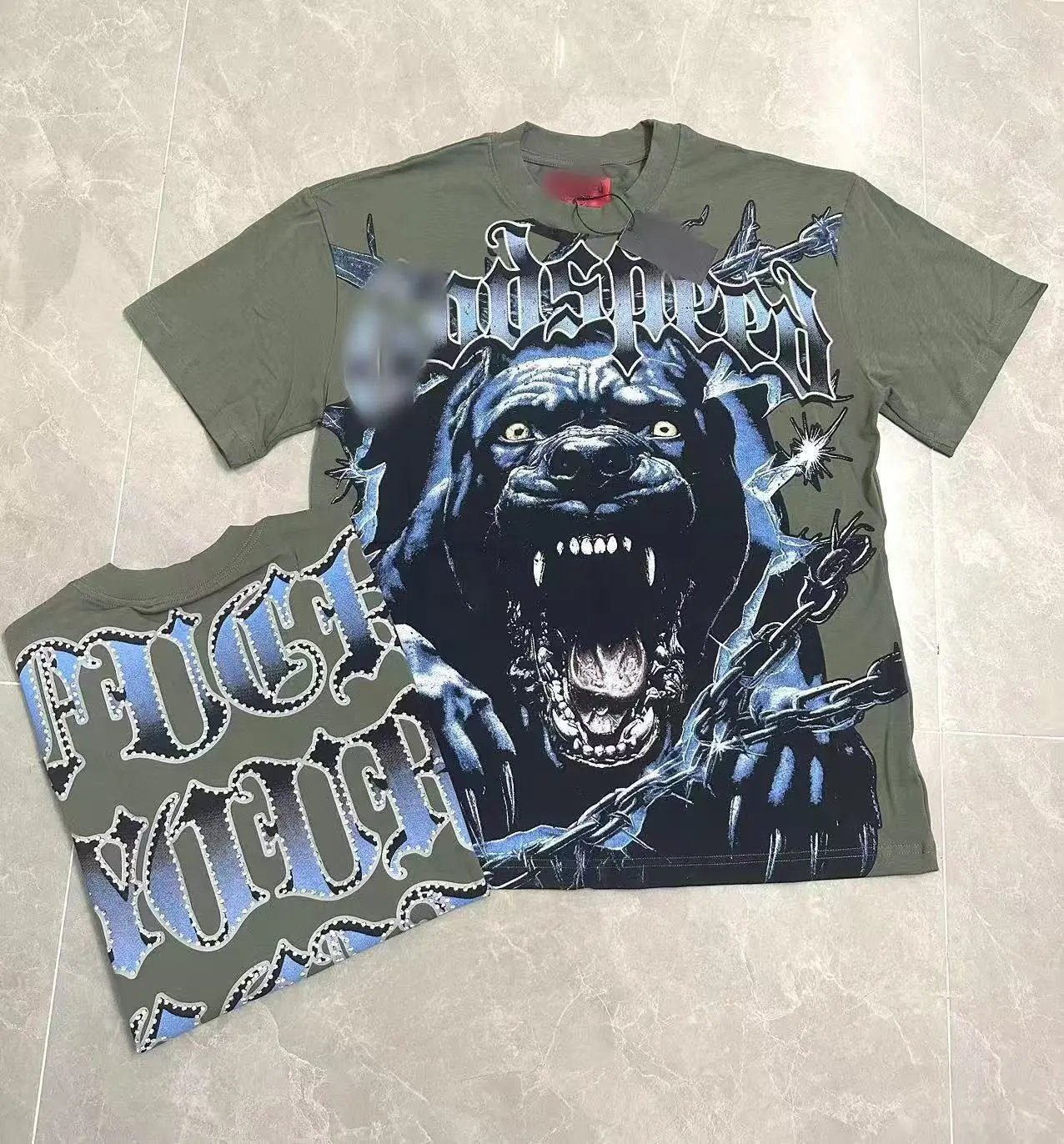 GOD Vicious Dog Series Gothic Style Army Green T-shirt