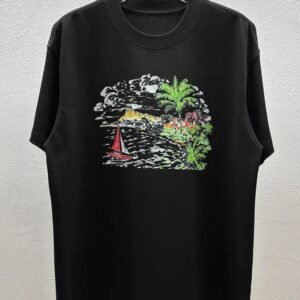 AW Seaside Print Vacation Style Black Short Sleeve T-Shirt