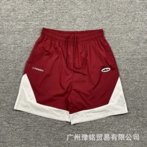 Corteiz Street Style Burgundy and White Colorblock Sports Shorts