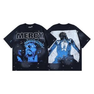 Hellstar Jesus Print Street Style Black and Blue Short Sleeve T-shirt