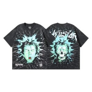 Hellstar Skeleton Print Street Style Black and Green T-shirt
