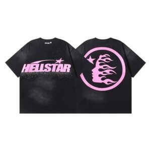 Hellstar Flame Print Street Style Black and Pink T-shirt