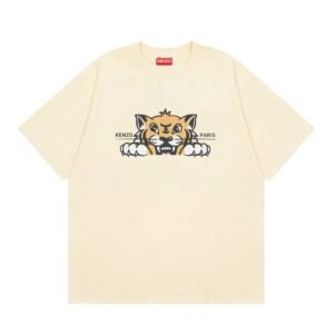 KENZO Tiger Head Print Streetwear Style Beige Short Sleeve T-Shirt