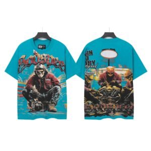 Godspeed Motorcycle Skull Vintage Style Lake Blue Short Sleeve T-shirt